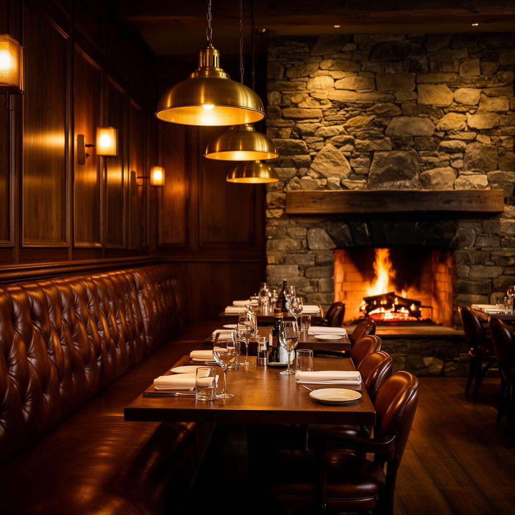 Cumberland Forge dining room with leather booths and a stone fireplace